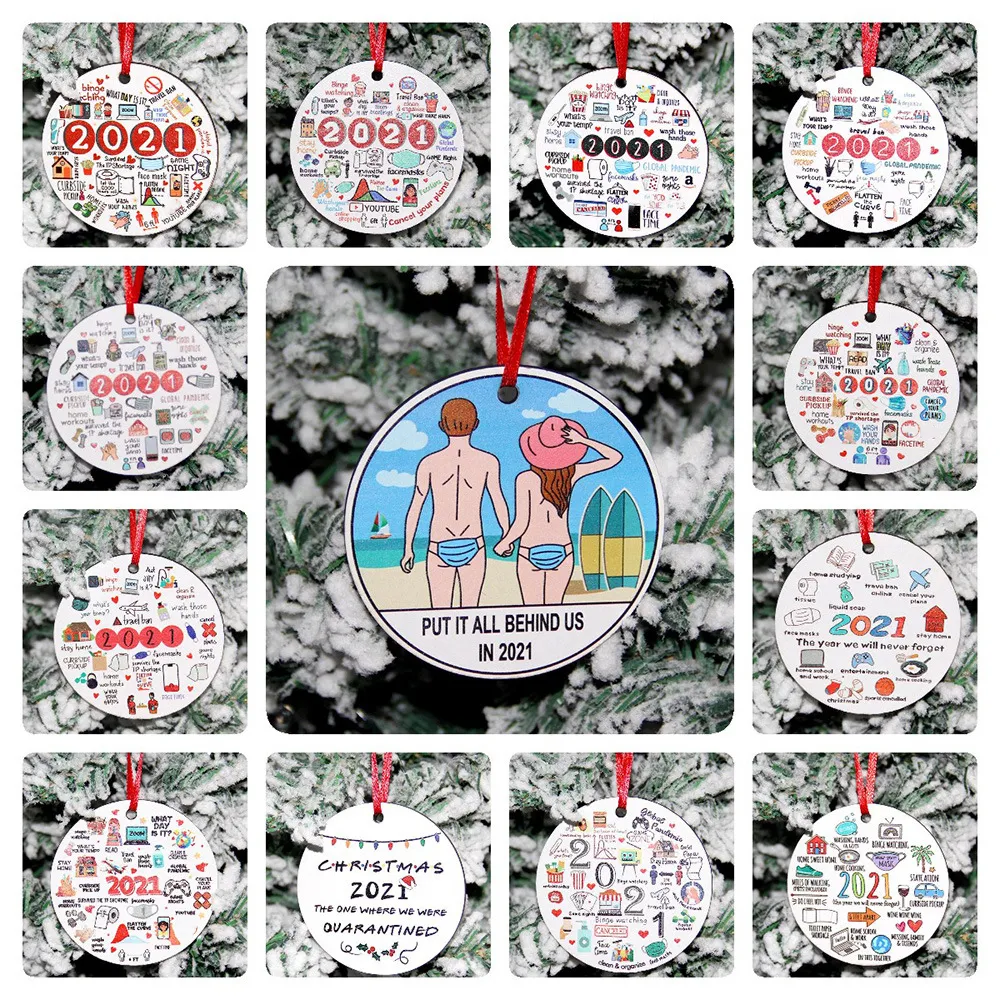 Christmas Tree Ornaments 2021 Wooden Round Pendants Family Happy New Years Gifts Xmas Decorations Single-sided printing 18% Discount XD24841