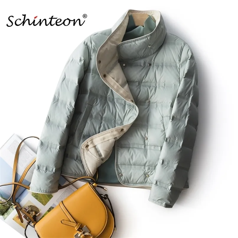 Schinteon Women Light Down Jacket Enkel avslappnad fast färg Kort outkläder Spring Autumn Coat Female Fashion 210916