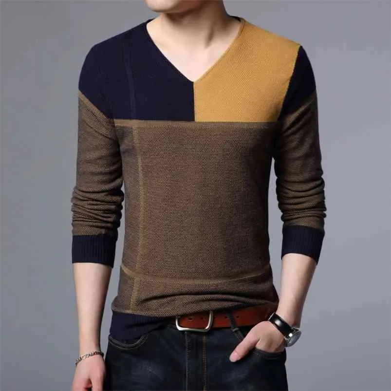 Men Pullover Fashion V Neck Spring Autumn Slim Fit Knit Patchwork Striped Male Sweater Casual Jumpers Outwear Full Sweater 210818