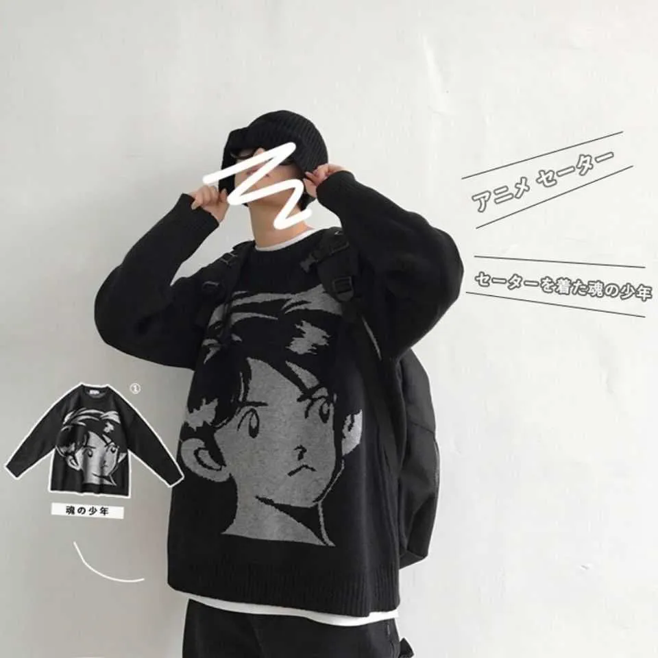 Mens Hip Hop Streetwear Harajuku Camisola Vintage Retro Estilo Japonês Anime Girl Camisola De Algodão De Algodão De Algodão 211014