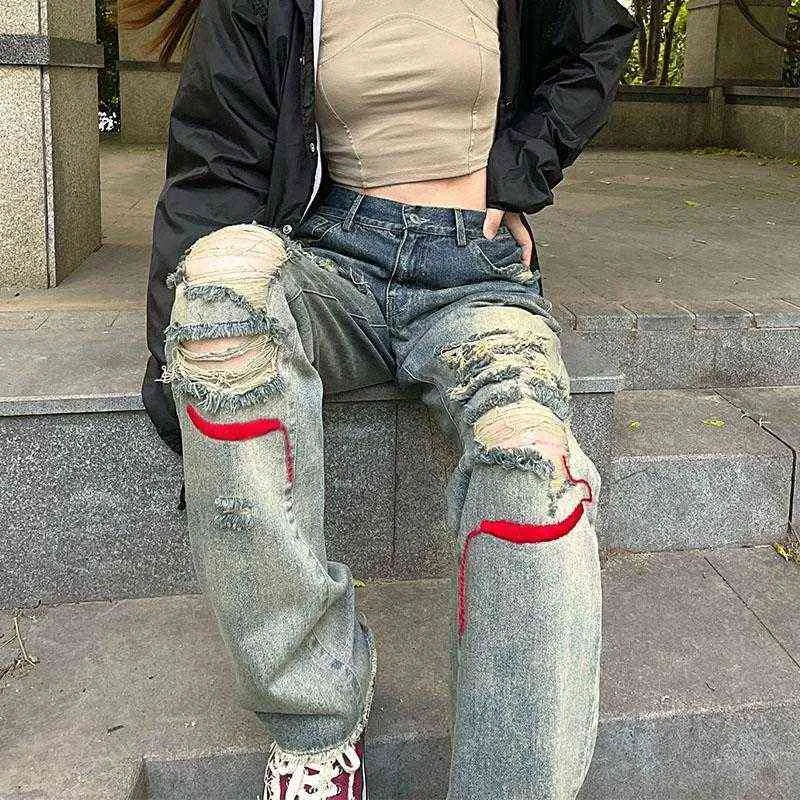 Design sense straight and thin loose high waist wide leg pants girl hip hop street jeans y2k ripped womens 211129