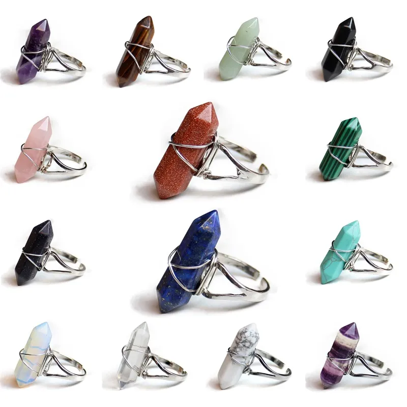 Nuevos anillos de prisma hexagonal Gemstone Rock Cristal natural Cuarzo Punto de curación Chakra Encantos de piedra Apertura de anillos para mujeres Hombres 163 T2