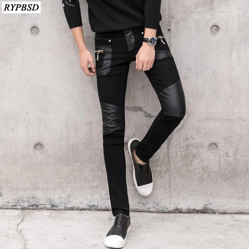 Mäns byxor faux läder byxa mode dragkedja män mager jeans slim passform patchwork denim casual högkvalitativ svart biker