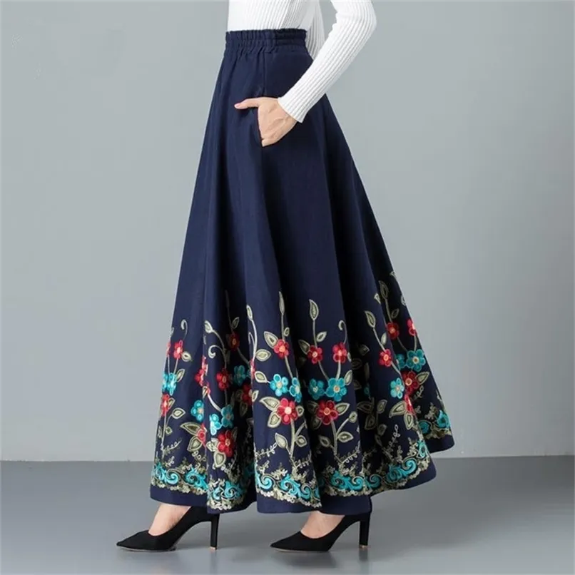 Mamma Elegant Broderade Maxi Pläterad Kjol Kvinnor Plus Storlek Vinter Varm Woolen Lång Kjol Lady High Waist Casual Wool Office Saia 210619