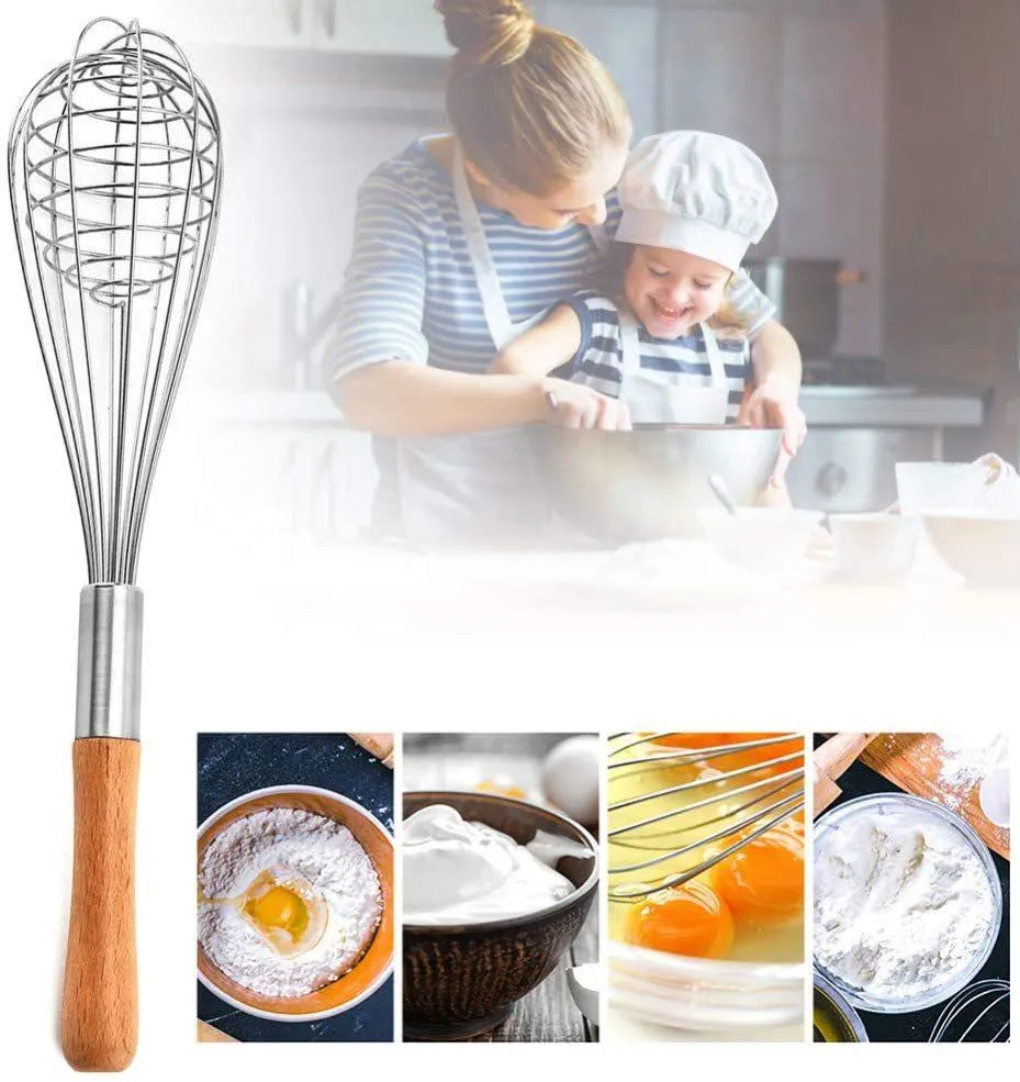 Stainless Steel Manual Egg Beater Tool Wooden Handle Cream Stirrer Blending Whisking Beating Stirring Egg Whisk Kitchen Baking Dough Paste Mixer HY0265