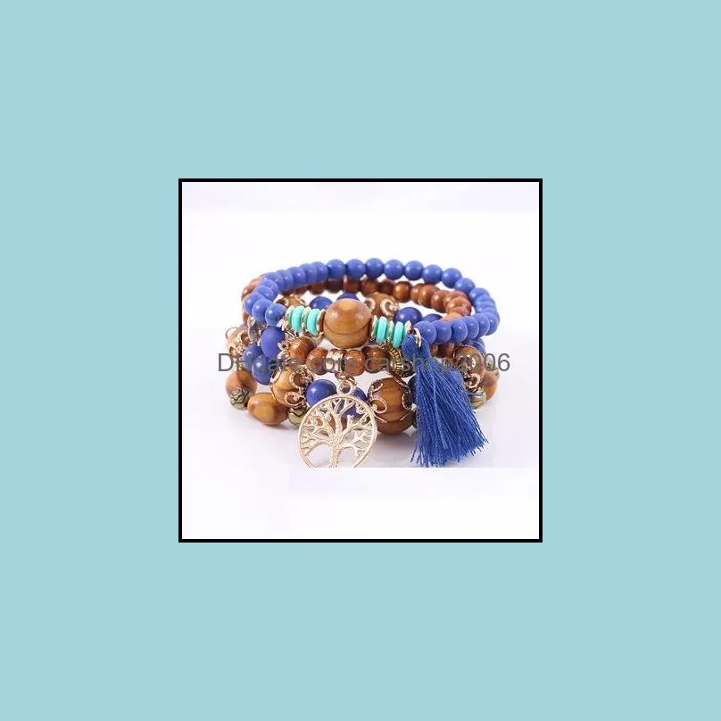 Bohemian Multilayer Charm Bracelets Colorul Wood Beads Bracelet Life Tree Pendant Tassel Elastic Bracelets Bangles for Women Men Jewelry