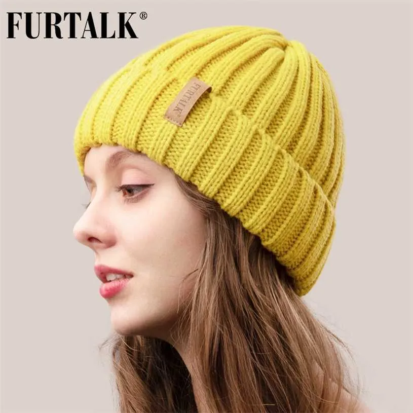 Furtalk зимняя шляпа для женщин Beanie с флисовой подкладкой мужчины леди вязаная крышка женская девушка красный черный белый розовый серый 211228