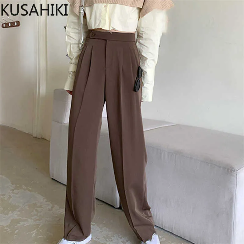 Wysoka talia garnitur szerokie spodnie nogi femme koreański przyczynowe eleganckie kobiety spodnie wiosna jesień długie 6F180 210603