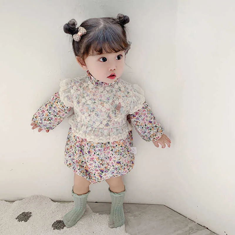 Baby Spanish Clothes Infant Girls Floral Cotton Romper with Lace Children Long Sleeve Sweet Jumpsuit Toddler Girl Outerwear 210615