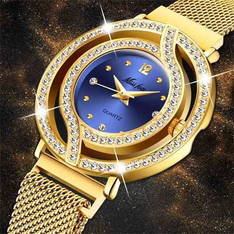 Fröken Magnetisk Watch Kvinnor Lyxmärke Vattentät Diamant Kvinnor Klockor Hollow Blue Quartz Elegant Gold Ladies Armbandsur 210720