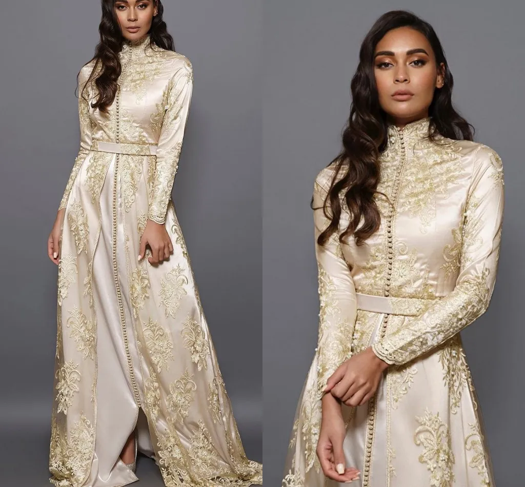 long Sleeves Moroccan Caftan Evening Dresses 2022 high neck muslim lace kaftan Special Occasion Dubai Formal Prom Dress