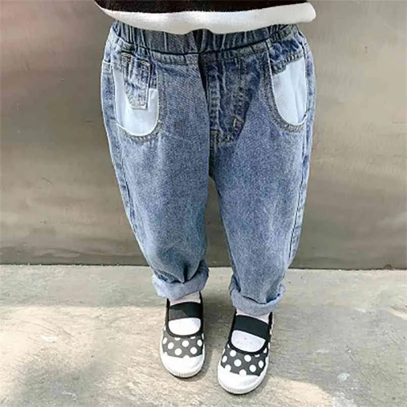 Girls' Pocket Jeans Spring Autumn Children'S Clothing Solid Color Waist Casual Soft Denim Pants KIds Trousers 210528