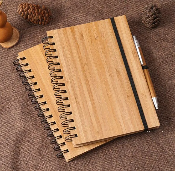 NEWSpiral Notebook Wood Bamboo Cover With Pen Student Environmental Notepads wholesale School Supplies EWA6434