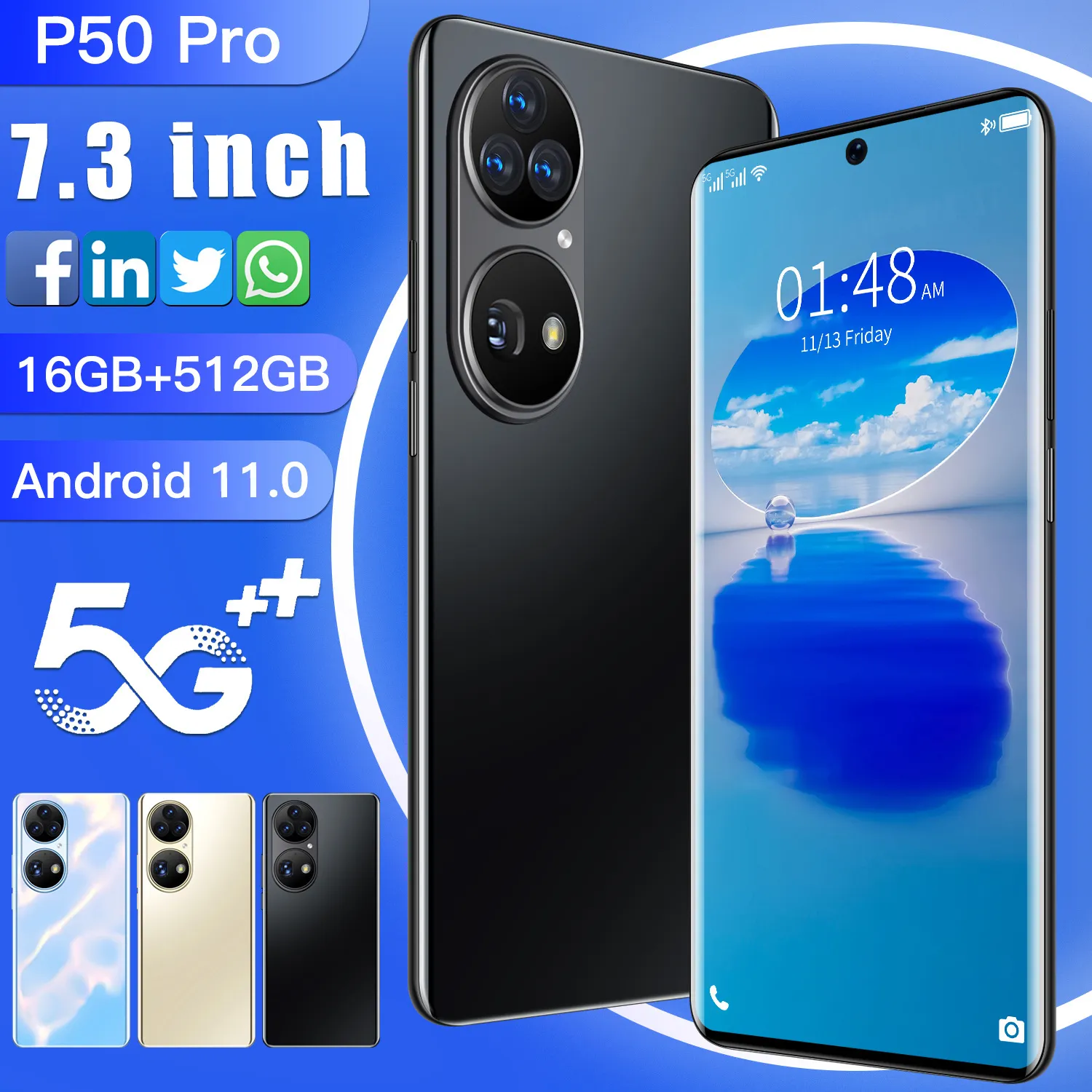 Odblokuj Global Version Telefony 16 + 512GB Telefon Android 11.0 Celelariale Deca Core Smartphone HD Camera 32mp + 64mp Telefon komórkowy 8000mAh Mobilny Facet Face ID 4G 5G