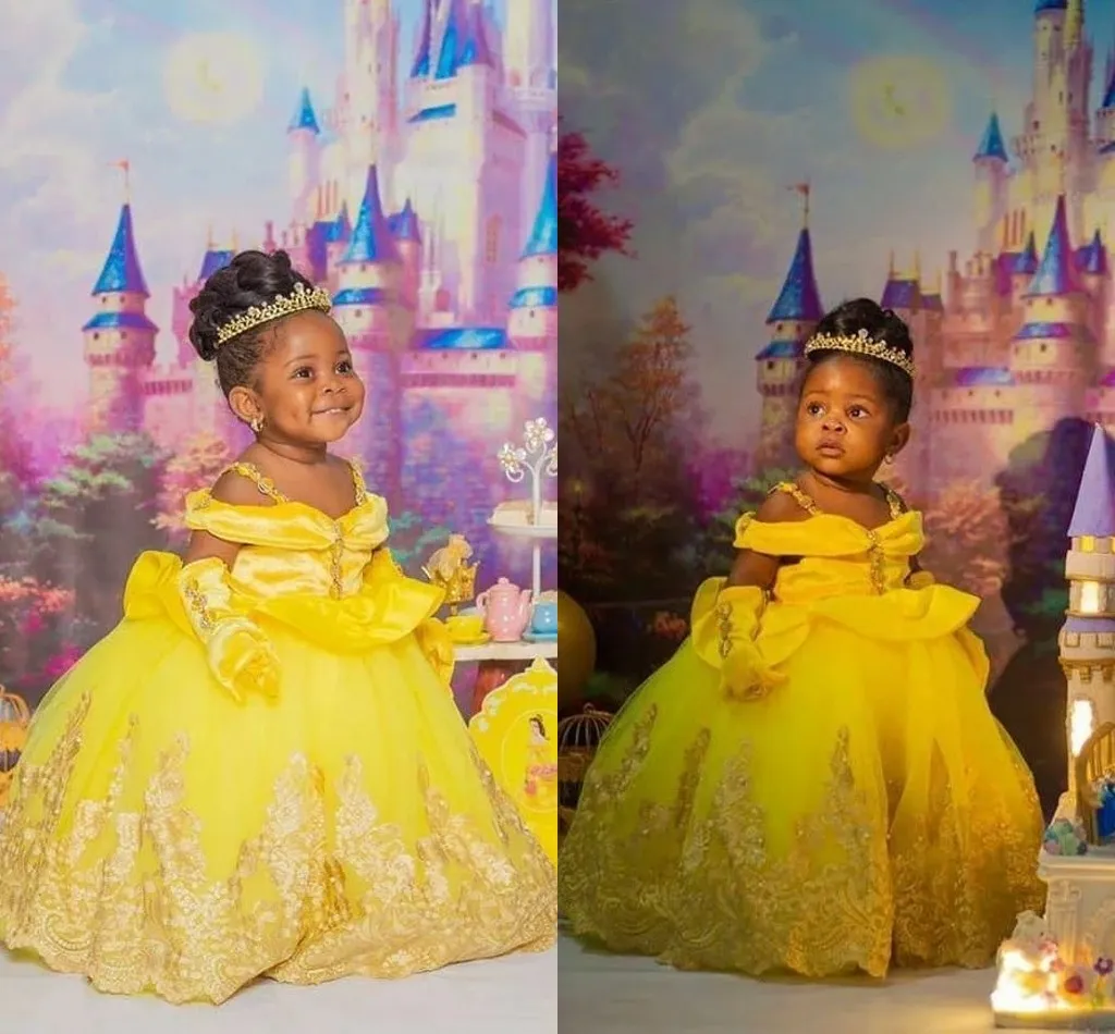 Princess Princess Pageant Little Yellow Organza Off The ombro Kids Festa formal Wear Poupy Lace Aplique Aplique Girl Dresses Criandler Vestido de Aniversário AL9968