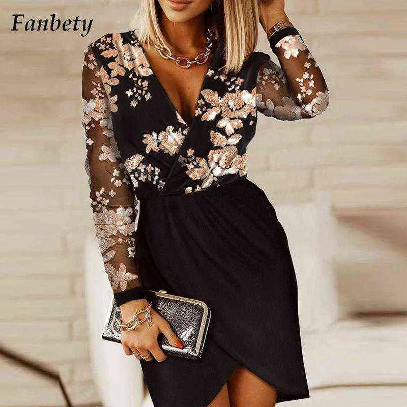 Femmes élégant Patchwork paillettes brillant robe de soirée 2022 printemps Sexy évider Mini robe automne décontracté à manches longues robes portefeuille Y1212