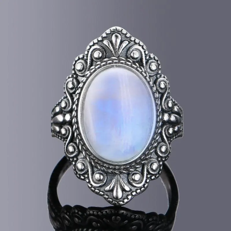 Klaster pierścienie Nasiya Vintage Oval Natural Moonstone Dla Kobiet 925 Sterling Silver Ring Biżuteria Palec Gemstone Party Prezent