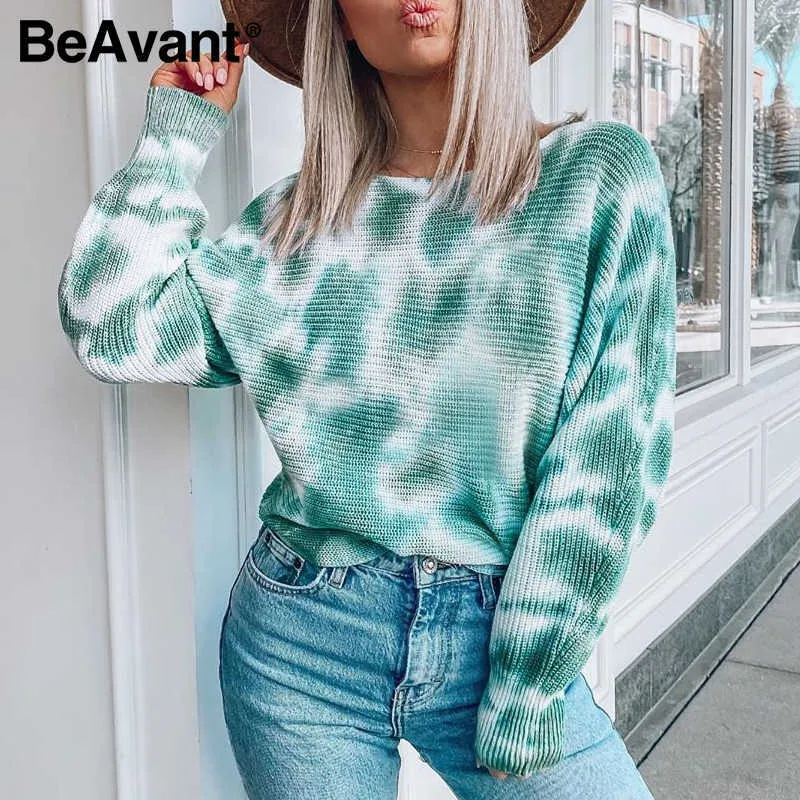 Beavent Chic stickade damer tröja färgglada tryckta kvinnor streetwear pullover grundläggande batwing ärm höst outwear toppar 210709