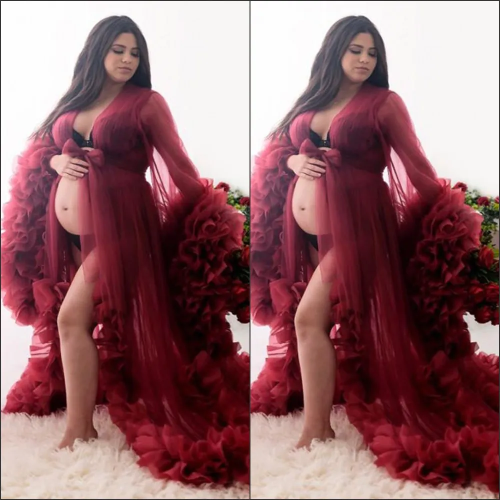 2021 Sexiga Burgundy Maternity Klänningar för Photoshoot eller Babyshower Evening Gowns Designer Shooting Dress Long Sleeves Prom Gown