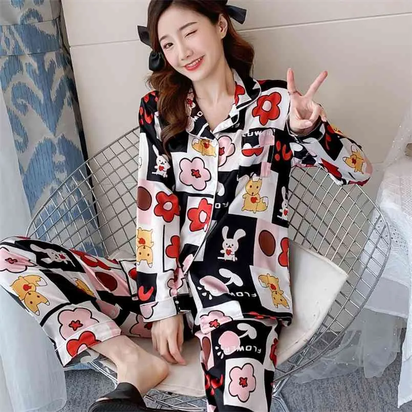 Women's Pajamas Summer Ice Silk Sleepwear Long-sleeved Printed Cardigan Sleep Romper Ladies Home Wear 2-piece 210831