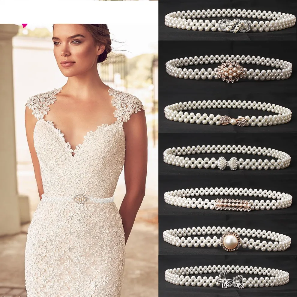 Favorias de casamento mulheres elegantes cinto de pérola cintura elástica fivela pérola Chain Girls Feminino Acessórios da noiva