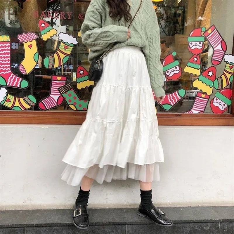 Falda larga para mujer Primavera Oto o Estilo coreano Blanco Negro Maxi Faldas Harajuku Girls Malla Empalme A Line Falda de cintura alta 210310