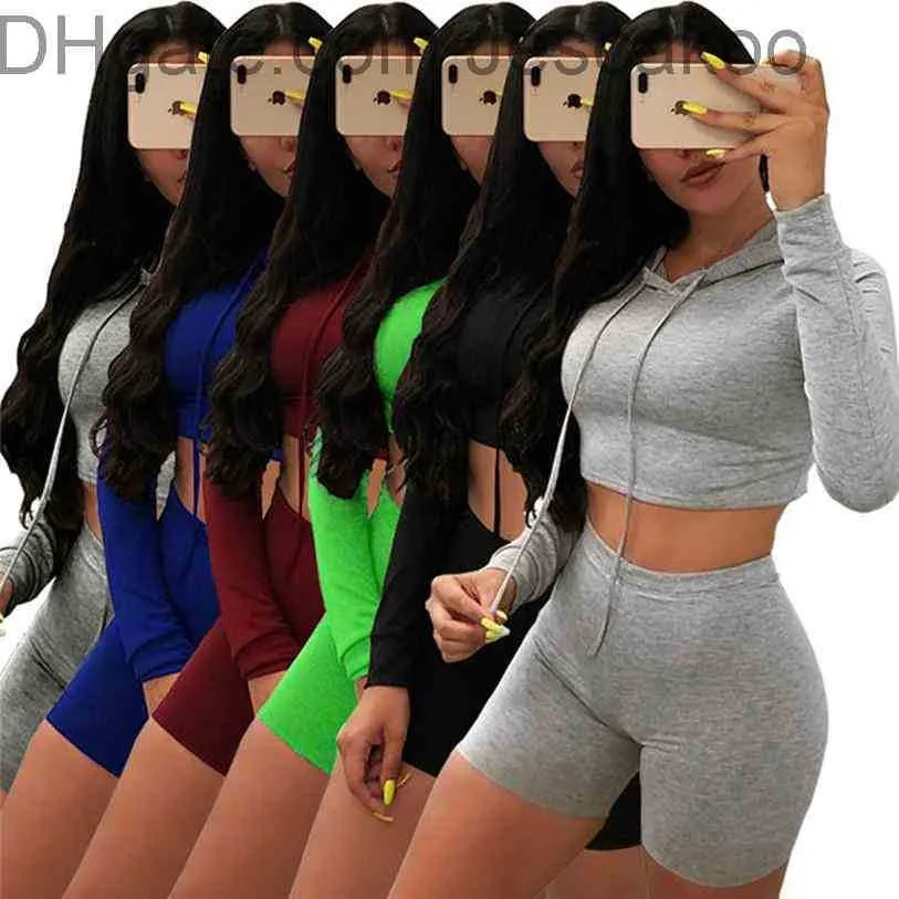 Kobiety Designer Dresy 2 sztuki Zestaw Szorty Z Kapturem Spodenki Stroje Crop Top Plain Summer Casual Caskiet Wymiarowanie Długim Rękawem Garnitury joggingowe