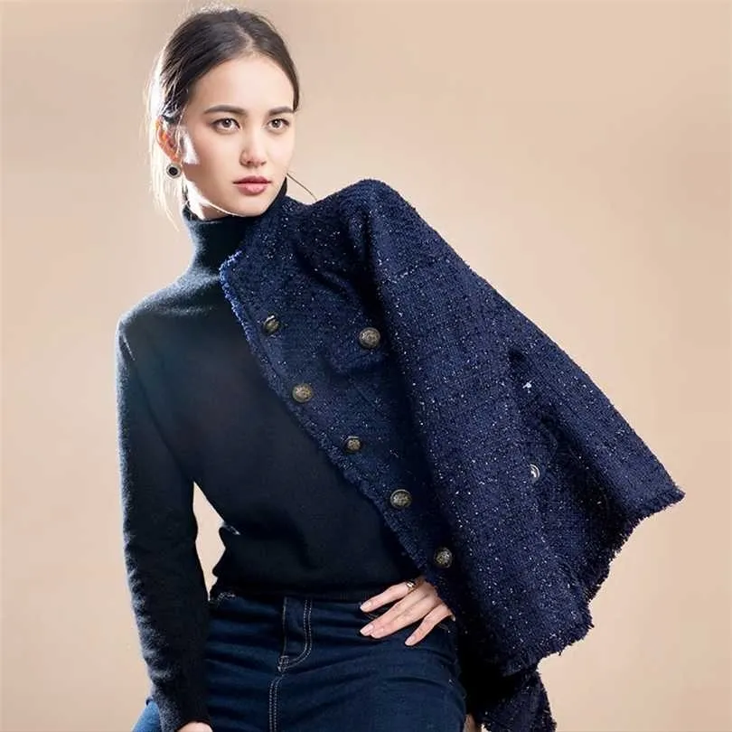 Navy Blue Tweed Jacket Vår / Höst / Vinter Kvinnors Coat Classic Ladies Wild Bright Wire Flätad 211014
