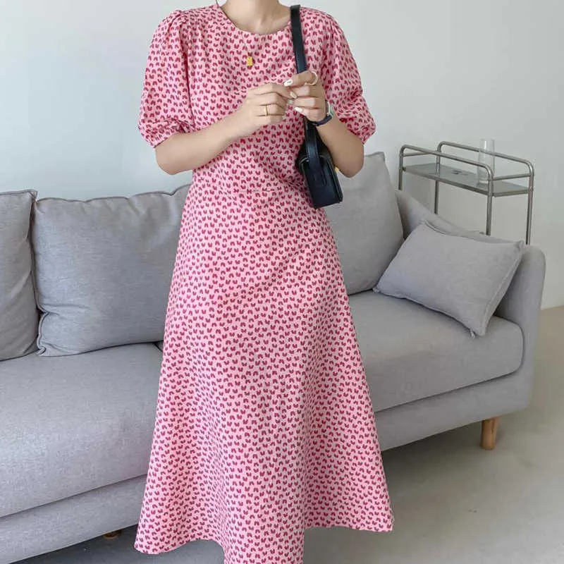 Yitimuceng robes à imprimé fleuri pour femmes été pansement mode coréenne Boho robe mi-longue à manches courtes bouffantes robe d'été rose 210601