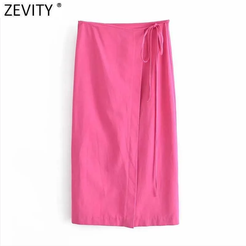 Zevity kvinnor mode solid färg spets upp sling en linje Midi kjol faldas mujer kvinnlig inslagna avslappnad smal söta kjolar qun787 210603