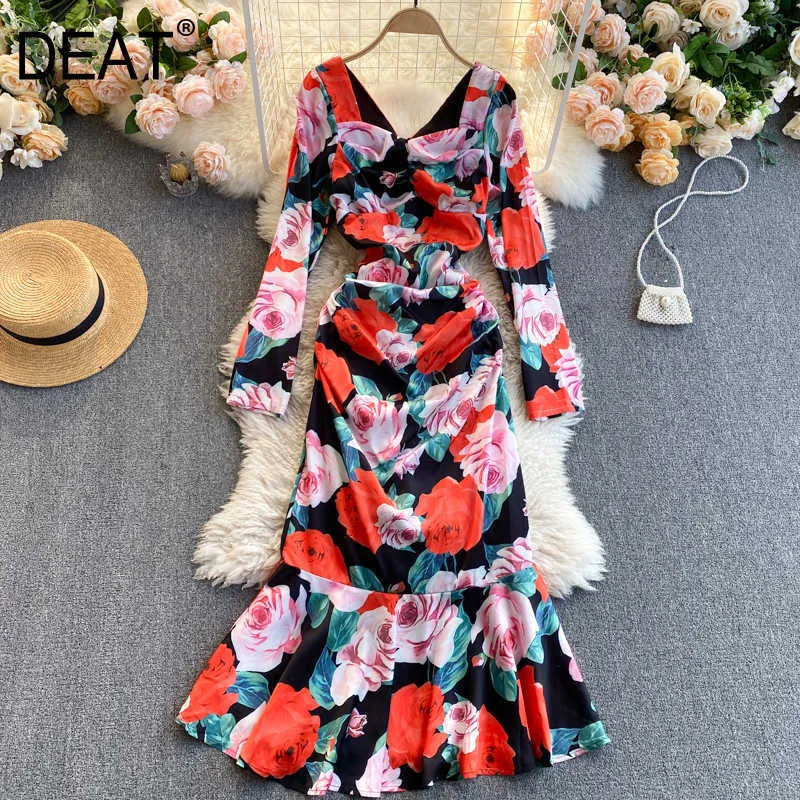 DEAT Spring Arrivals Print Square Collar Long Sleeve High Waist Pleated Slim A-line Long Dress MZ529 210709