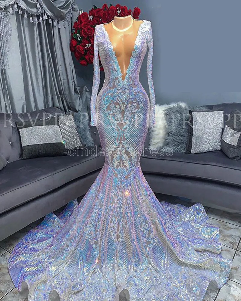 Zilveren Sexy V-hals Mermaid Prom Dresses 2022 Lange Mouwen Afrikaanse Formele Avondjurken Graduatie Party Jurken BC11163