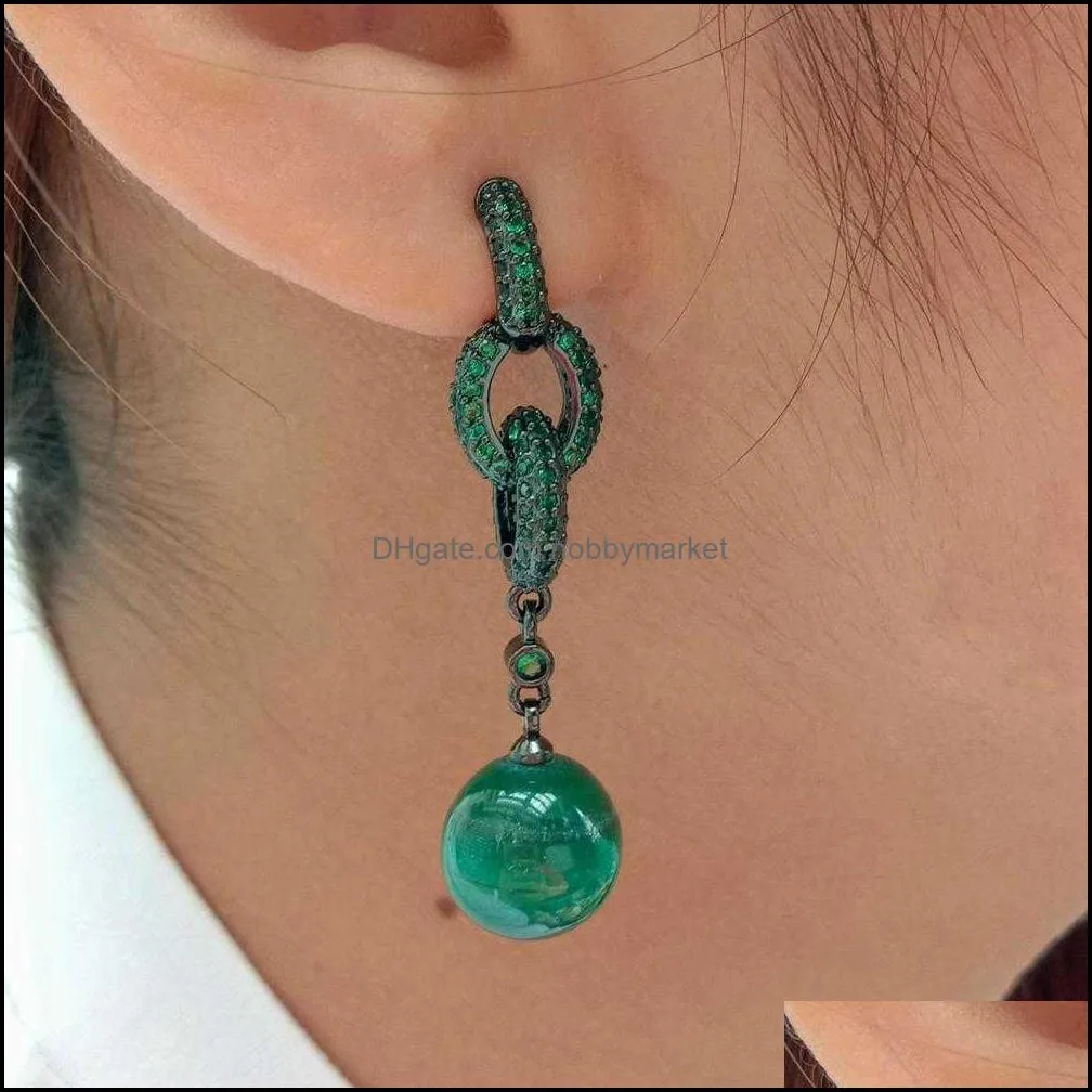 Boucles d'oreilles Bijoux Naturel Véritable Rond Vert Malachite Cubic Zirconia Pave Gunmetal Couleur Plaqué Boucle Luxry Pour Les Femmes 210619 Drop Deliv