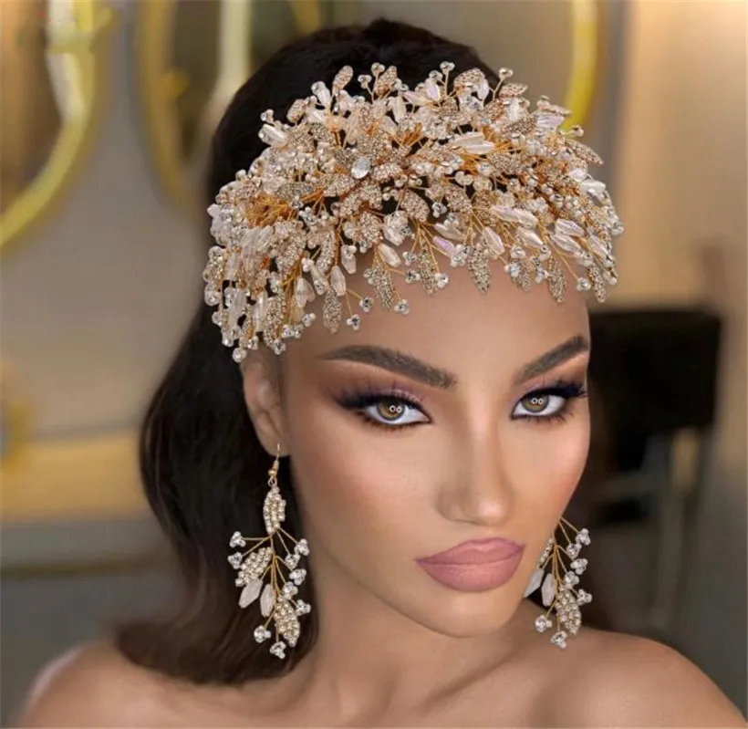 Lüks Düğün Gelin Boncuk Kafa Altın Taç Tiaras Kristal Rhinestone Hairband Küpe Takı Seti Moda Balo Bling Saç Aksesuarları Headdress Süs