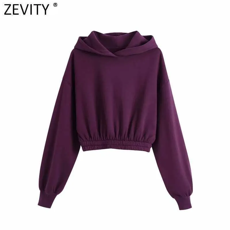 Zevity المرأة عارضة بلون مقنعين sweatershirts السيدات طويلة الأكمام تنحنح مرونة قصيرة هوديس العلامة التجارية شيك قمم H529 210603