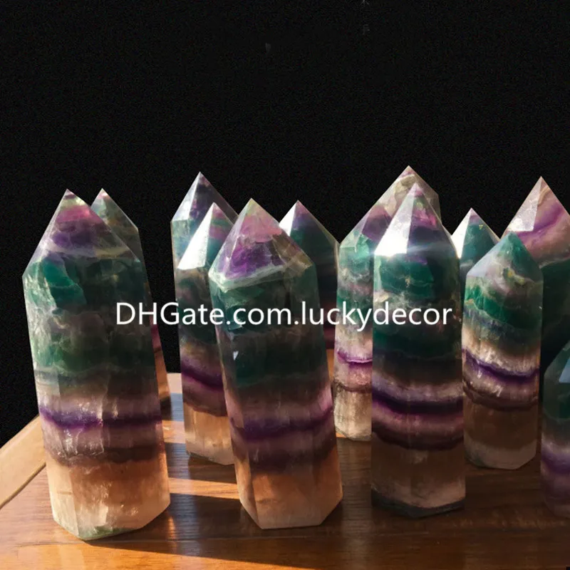 2個の大型13-14cmのかなり紫色の縞模様の蛍石の水晶ワンドポイントヒーリングレイキバンド蛍石宝石プリズムタワーの装飾