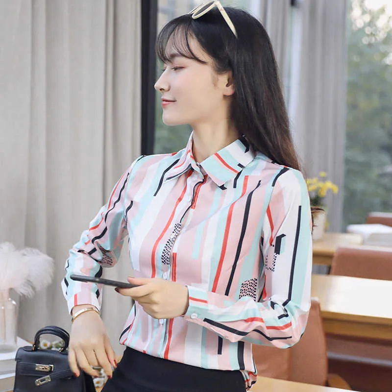 Chic Pink White Chiffon Blouse For Women Casual Long Sleeve Top In