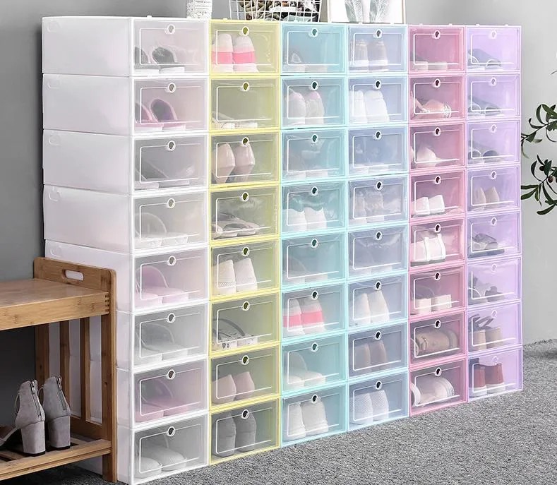 Épaissir les boîtes à chaussures en plastique transparent anti-poussière boîte de rangement de chaussures Flip boîtes à chaussures transparentes couleur bonbon empilable chaussures organisateur boîte SN3819