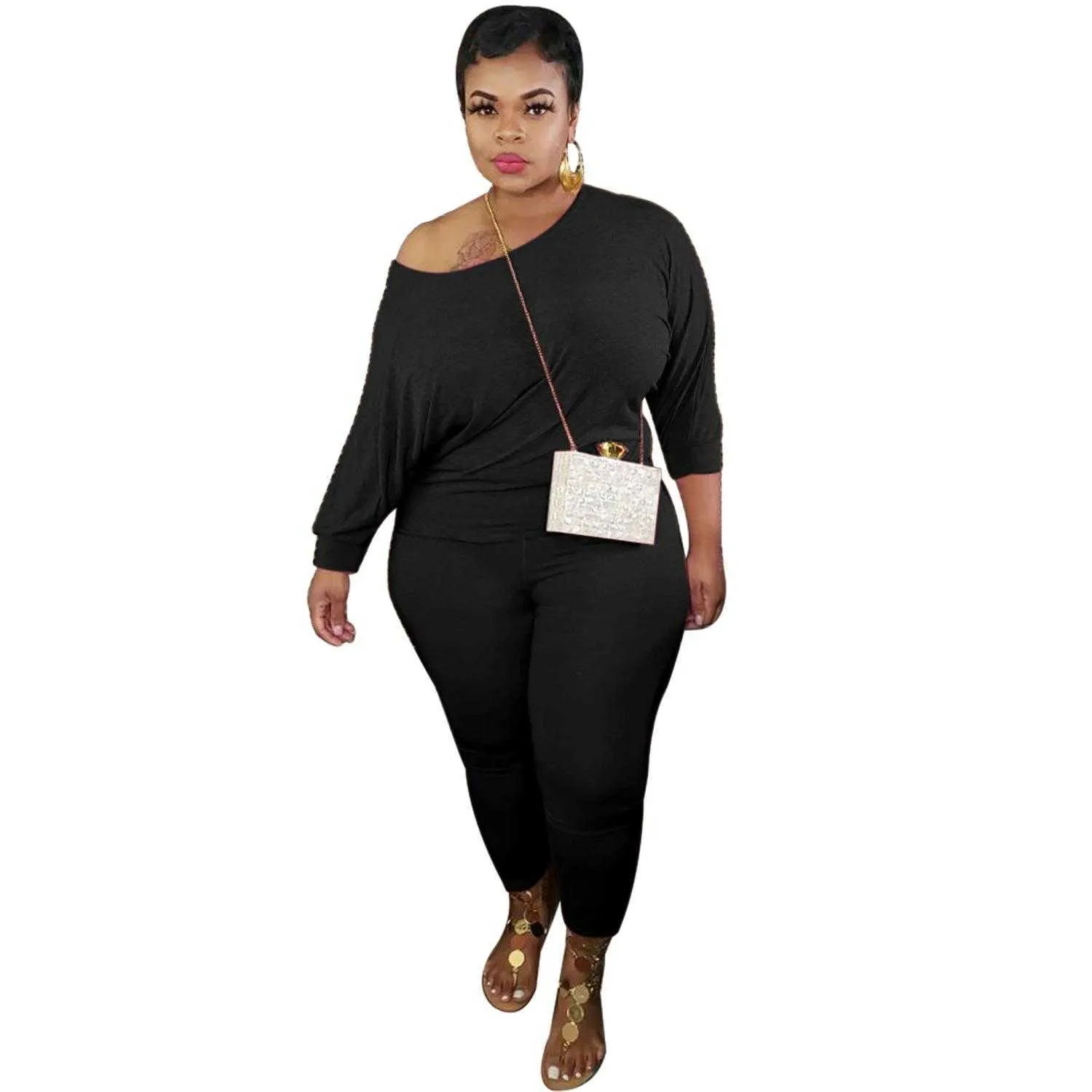 Plus Size Fashion Women's Casual Set Solid Color Off Shoulder Long Sleeve Top and Long Pant Bodycon Skinny Tracksuits