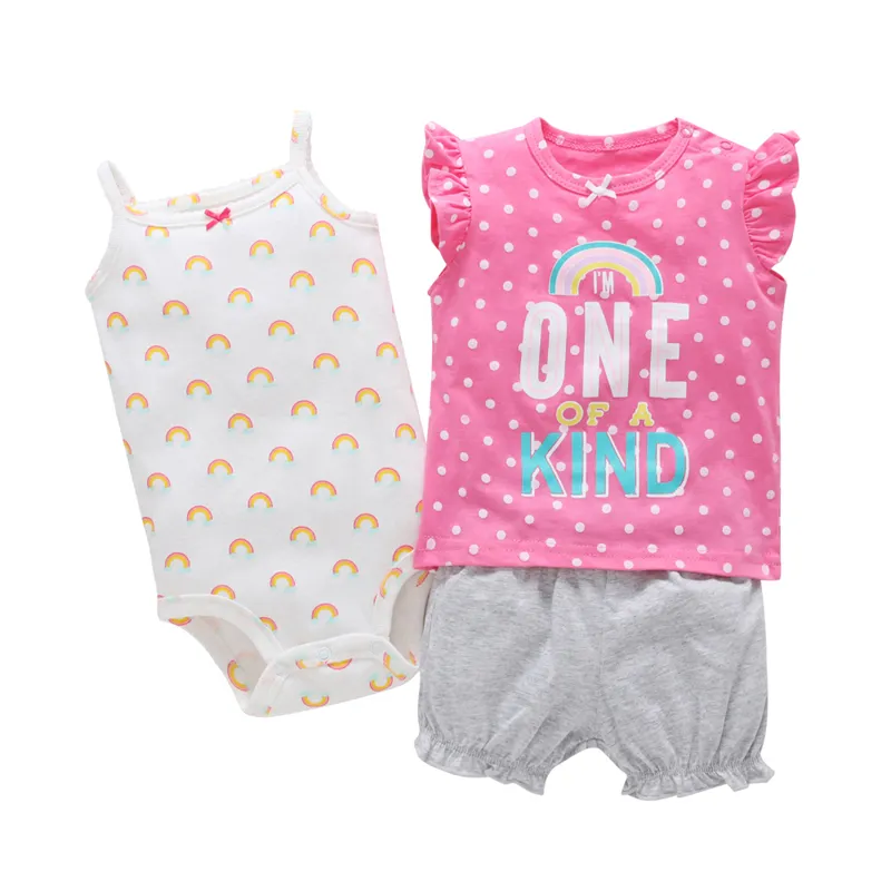 summer cute baby girl infant clothes set pink 3PCS newborn outfit gift sleeveless letter T-shirt dot+ rainbow romper+shorts