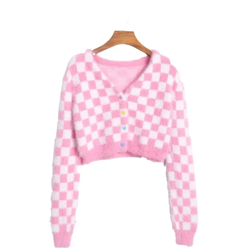 Maglioni cardigan lavorato a maglia da donna rosa Maglioni manica lunga scollo a V scozzesi Top corti Capispalla casual Cappotto corto monopetto 210218