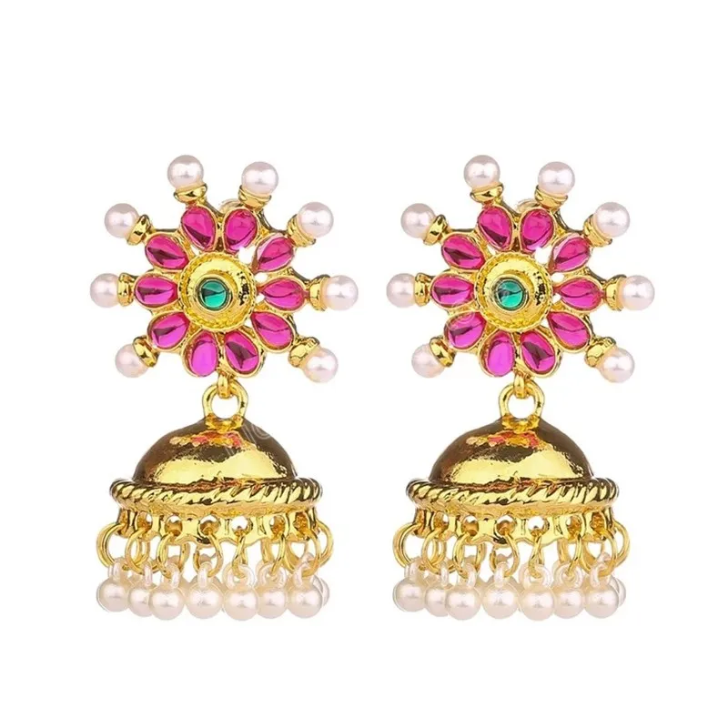 Goldlegierungs-Blumen-Ohrhänger für Frauen, Indianerstamm-Schmuck, böhmische Perlenanhänger, Glocken, Quasten-Ohrring, Hochzeitsschmuck