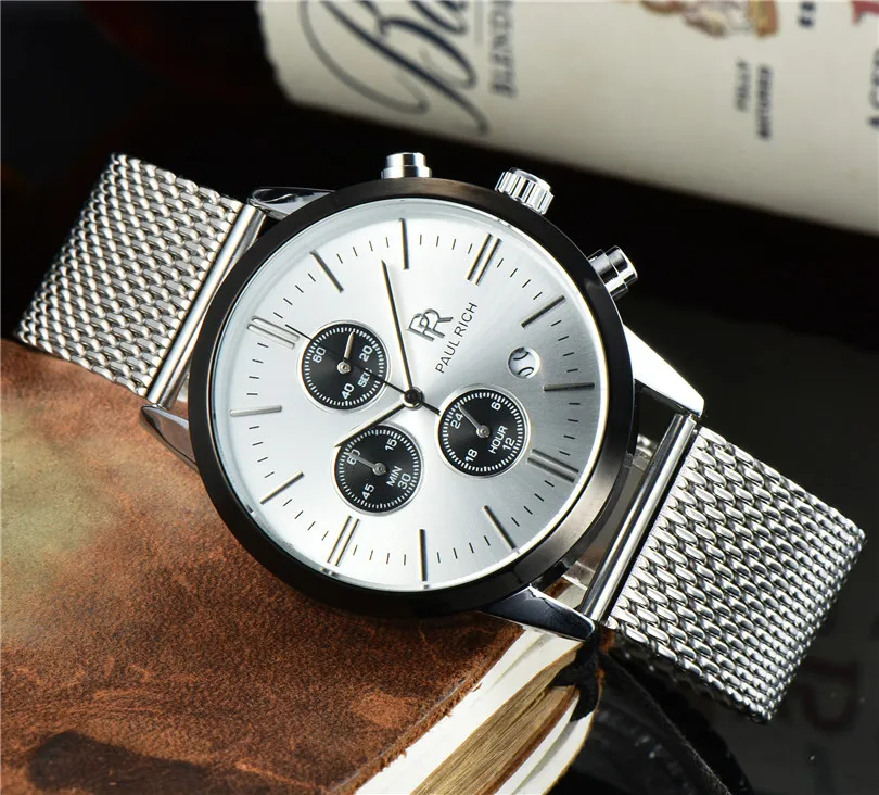 AAA big brand designer men`s casual watch stainless steel quartz multi-time zone automatic calendar mesh belt men`