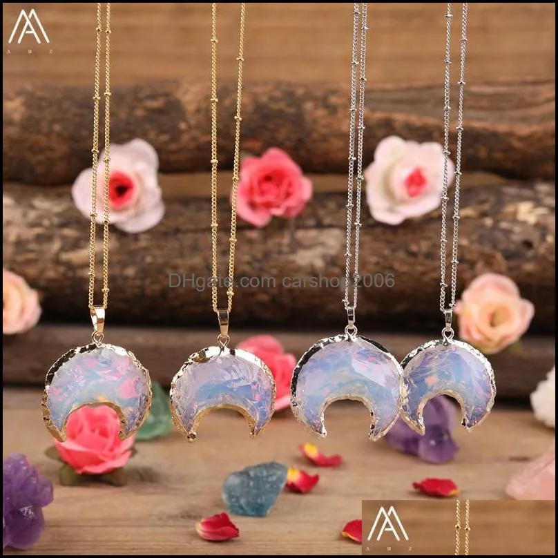Chains Natural Opal Stone Crescent Moon Beads Pendant Silvery Gold Tennis Adjustable Necklace Jewelry For Women Dropship
