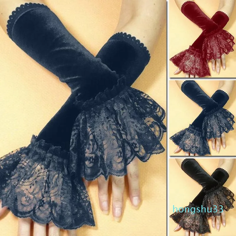 Five Fingers Gloves Women Lady Elastic Sleeve Driving Covered Arm Sleeves Pleated Lace Hollow Long Fingerless Mittens