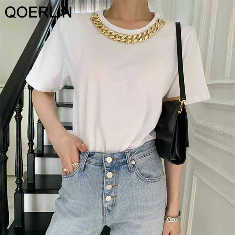 Basic Tops Korean Chic Summer O Neck Pullover Chain Decoration Loose Casual Solid Short Sleeve White Black T-shirt Top 210601