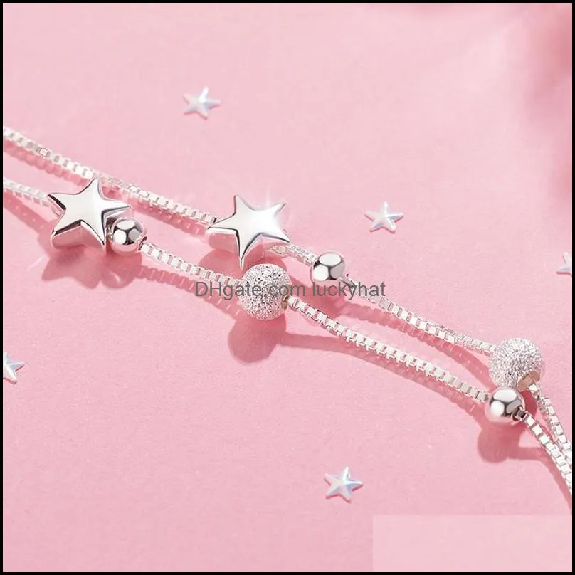 Link, Chain Double-Layer Star Bracelet Female Student Frosted Round Beads Five-Pointed Wild Net Red Silver-Plated
