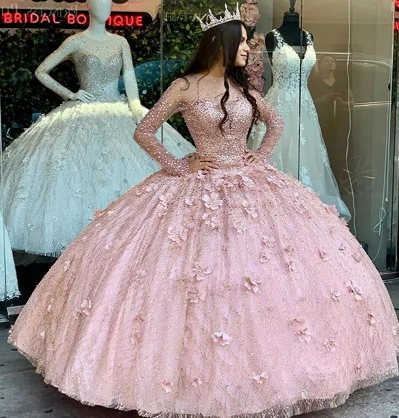 2021 الفاخرة لامعة الكرة ثوب فساتين quinceanera أثواب الزفاف الحبيب طويل الأكمام الحلو 16 اللباس vestidos دي XV Años Anos