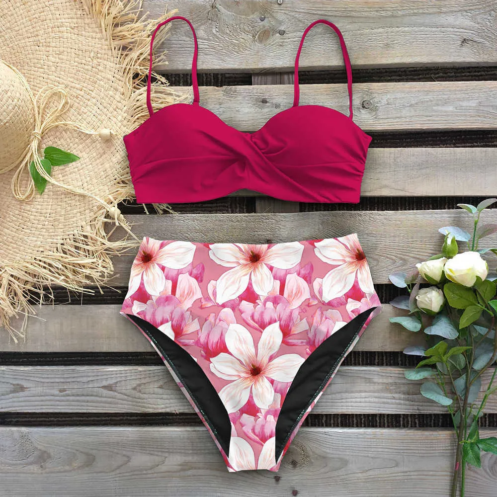 Leaf Print High Waist Push Up Mid Waist Bikini Set Sexy