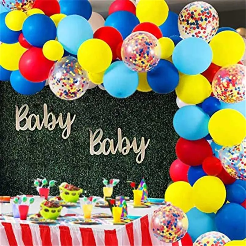 104pcs / lot ballons de cirque guirlande rouge jaune bleu confetti ballon arc pour carnaval baby shower de mariage fête d'anniversaire décor 211216